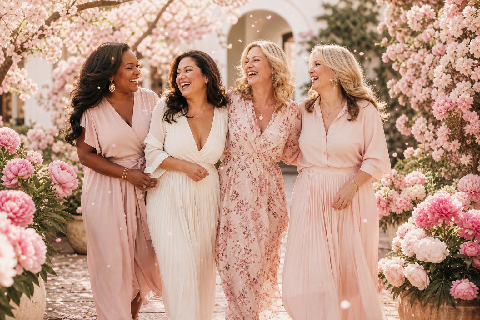 Four happy women walking together through a sunlit garden of pink peonies and cherry blossoms