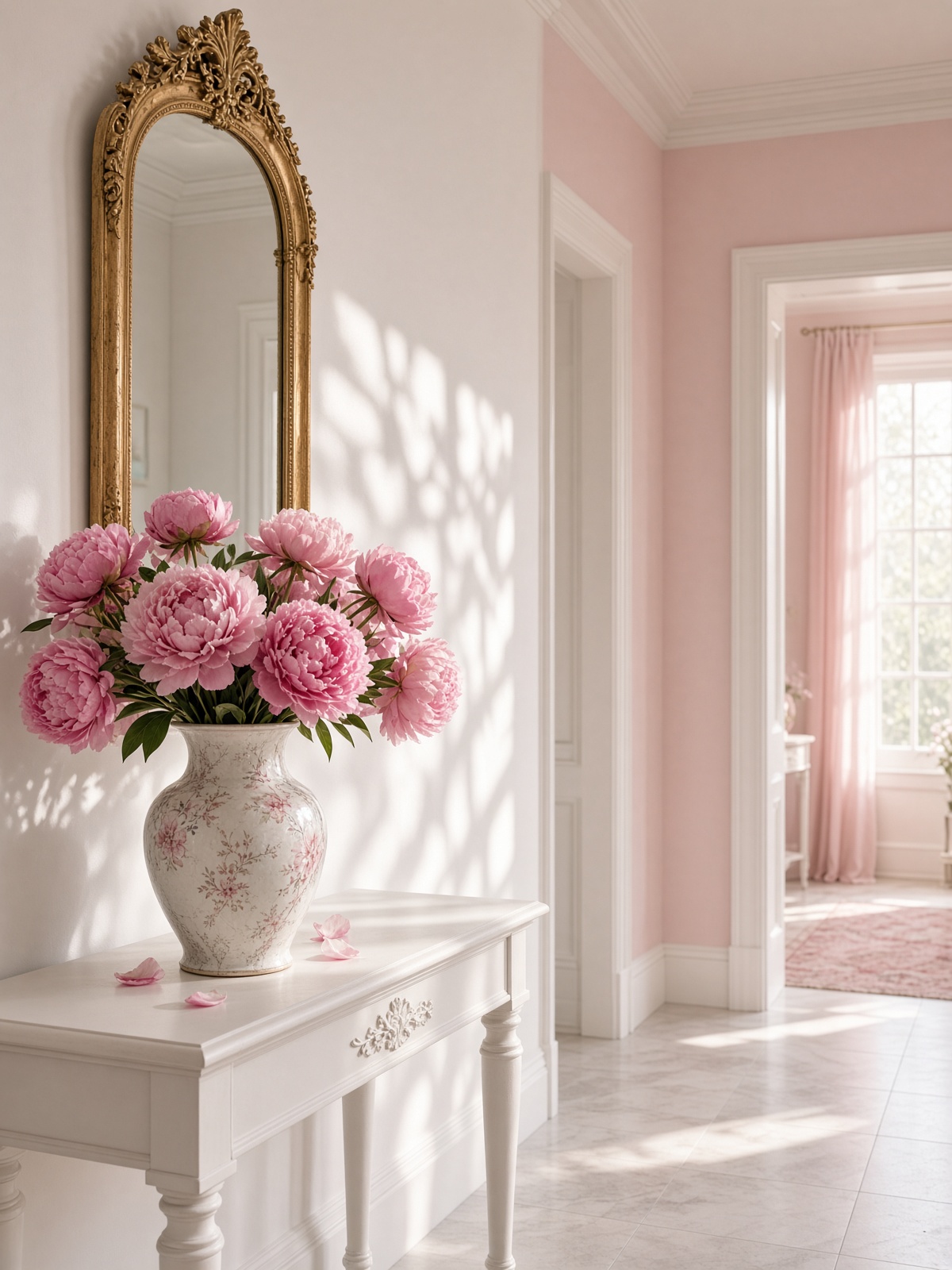 Sunlit hallway with pink peonies and a gilded mirror