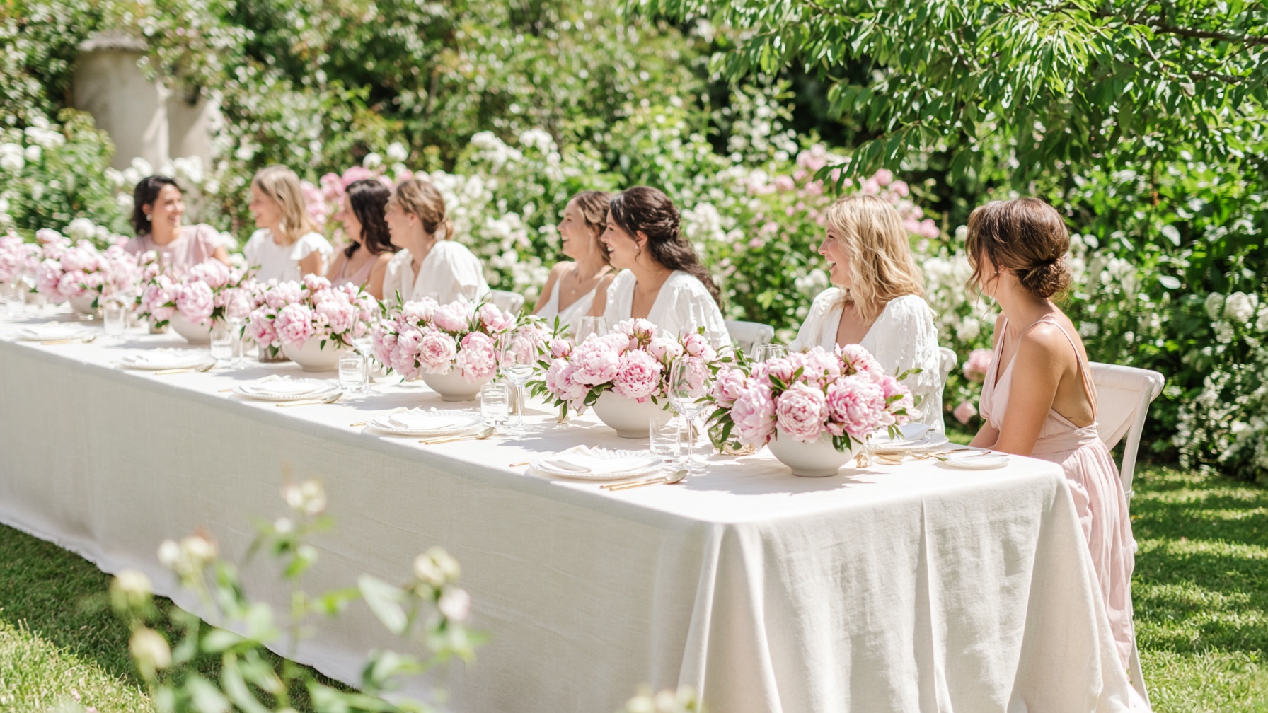 A sunlit sisterhood table set with pink peonies