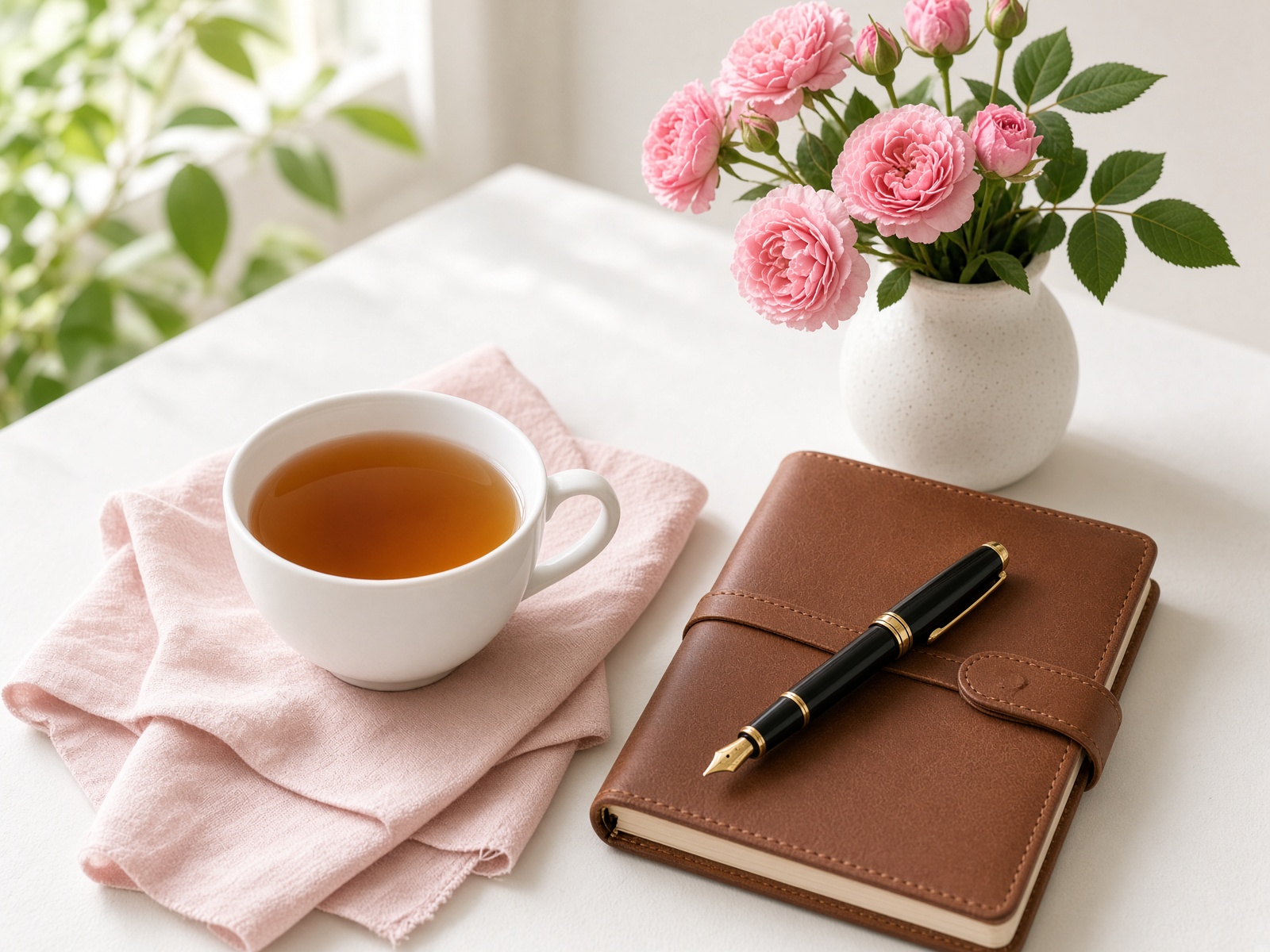 Tea, journal, and pink roses in morning light